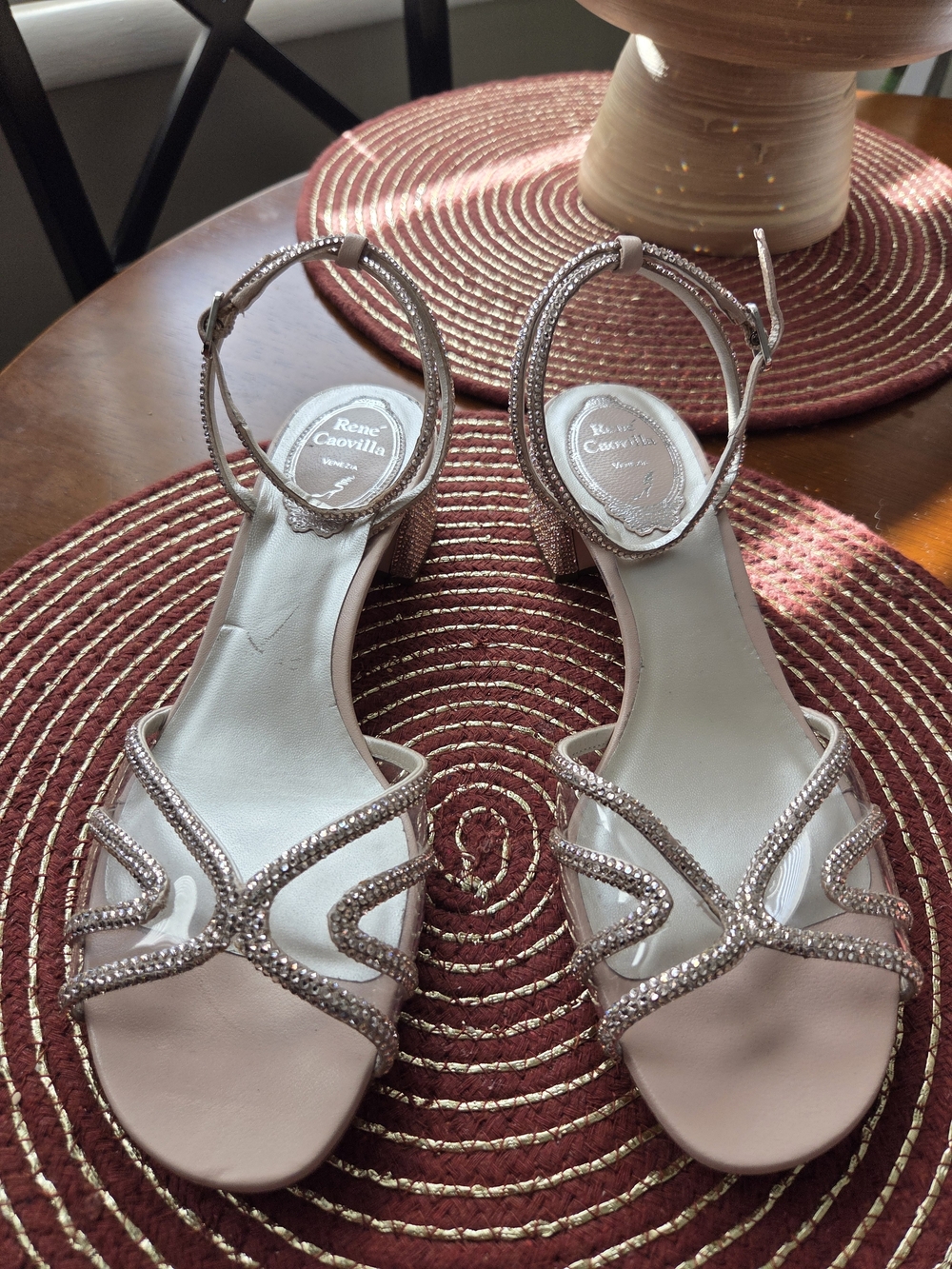 Rene Caovilla Blush Crystal-Strap Ankle-Heel Sandals